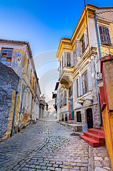 Picturesque narrow street and buildings in the old town of Xanthi, Greece