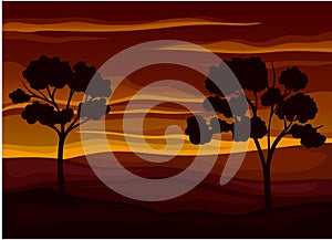 Picturesque Nature Landscape with Sunset, Hills and Tree View Vector Illustration