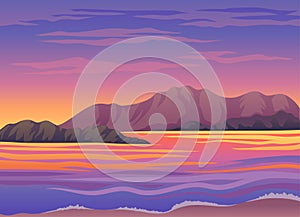 Picturesque Nature Landscape with Sunset and Water View Vector Illustration