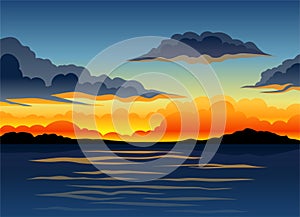 Picturesque Nature Landscape with Sunset and Water View Vector Illustration