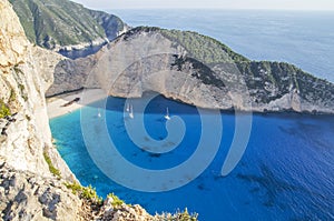 Picturesque Navagio sandy beach with famous shipwreck on north west coast of Zakynthos island, Greece