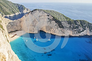 Picturesque Navagio sandy beach with famous shipwreck on north west coast of Zakynthos island, Greece