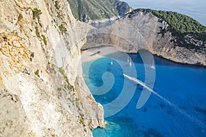 Picturesque Navagio sandy beach with famous shipwreck on north west coast of Zakynthos island, Greece
