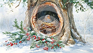 Snowy Oak Tree with Robin and Cozy Nest New Year Greeting Card photo