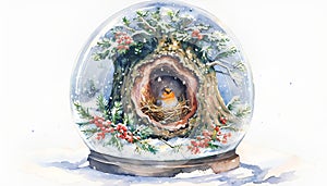 Snowy Oak Tree with Robin and Cozy Nest New Year Greeting Card photo