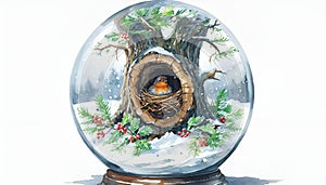 Snowy Oak Tree with Robin and Cozy Nest New Year Greeting Card photo