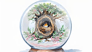 Snowy Oak Tree with Robin and Cozy Nest New Year Greeting Card photo