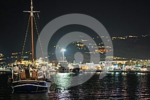Picturesque night view of the old port of Chora in Mykonos
