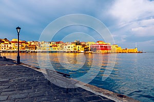 Picturesque old port of Chania. Landmarks of Crete island. Greece. Bay of Chania at sunny summer day, Crete Greece. View of the