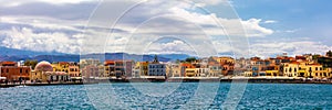 Picturesque old port of Chania. Landmarks of Crete island. Greece. Bay of Chania at sunny summer day, Crete Greece. View of the