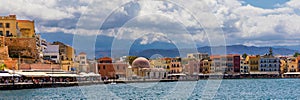 Picturesque old port of Chania. Landmarks of Crete island. Greece. Bay of Chania at sunny summer day, Crete Greece. View of the