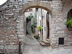 Picturesque old village with flowers . Spello, Italy