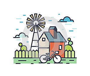 Picturesque outline countryside landscape. Colorful rural scenery with country house yard, bicycle and wind pump
