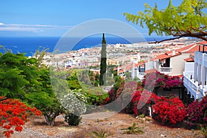 Picturesque outstanding landscape of beautiful resort playa de las americas on tenerife, spain