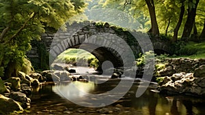 A picturesque painting capturing the tranquility of a stone bridge gracefully spanning over a gentle stream, An old stone bridge