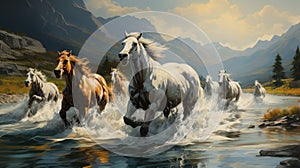 A picturesque painting of wild horses running