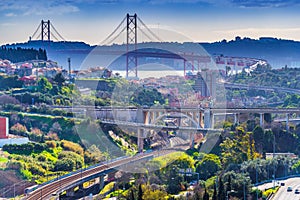 Picturesque panorama of Lisbon with 25th April Bridge and numerous highways, Portugal