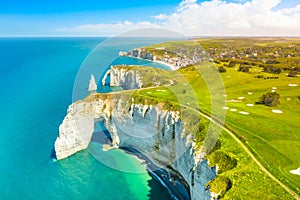 Picturesque panoramic landscape on the cliffs of Etretat. Natural amazing cliffs. Etretat, Normandy, France, La Manche or English