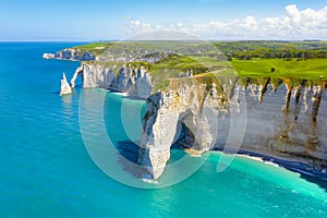 Picturesque panoramic landscape on the cliffs of Etretat. Natural amazing cliffs. Etretat, Normandy, France, La Manche or English photo
