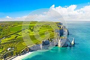 Picturesque panoramic landscape on the cliffs of Etretat. Natural amazing cliffs. Etretat, Normandy, France, La Manche photo