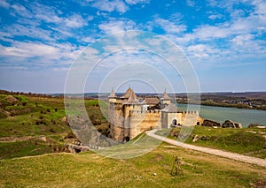 Picturesque panoramic view of medieval Khotyn fortress, Chernivtsi region. Ukraine
