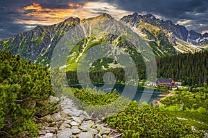 Picturesque panoramic view of Popradske Pleso, Tatra mountains, Slovakia.