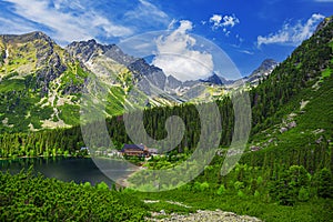 Picturesque panoramic view of Popradske Pleso, Tatra mountains, Slovakia.