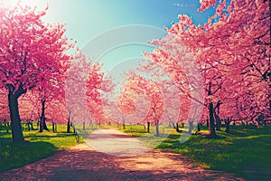 A picturesque park awash with the delicate shades of pink and red as cherry or maple trees come into bloom, heralding