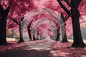 Picturesque Park pink trees leaves. Generate Ai