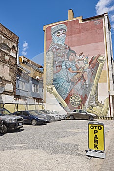 Picturesque parking lot with graffiti in Kadikoy village. Istanbul, Turkey