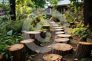 Picturesque Path round logs backyard. Generate Ai