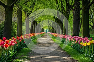 A picturesque pathway surrounded by numerous trees and vibrant flowers, creating a beautiful natural setting, Blooming tulip tree