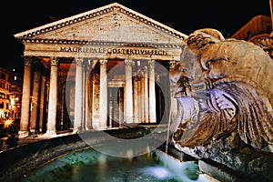 Picturesque photo of Pantheon at night with the elements of the fountain in the foreground