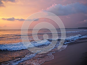 Picturesque Pink sunset on lake beach sea sand beautiful colors in the sky clouds