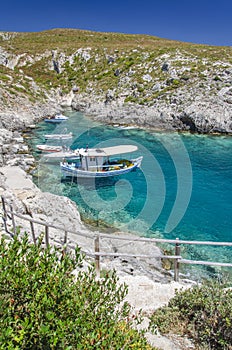 Picturesque Porto Roxa rocky beach. It is situated on west coast of Zakynthos island, Greece.