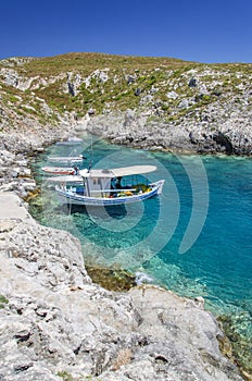 Picturesque Porto Roxa rocky beach. It is situated on west coast of Zakynthos island, Greece.