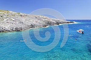 Picturesque Porto Roxa rocky beach. It is situated on west coast of Zakynthos island, Greece.