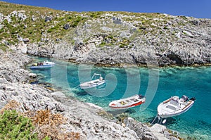 Picturesque Porto Roxa rocky beach. It is situated on west coast of Zakynthos island, Greece.