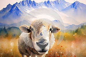 Picturesque portrait of alpine sheep grazing against the backdrop of the mountains. Generative AI