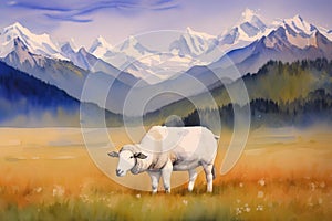 Picturesque portrait of alpine sheep grazing against the backdrop of the mountains. Generative AI