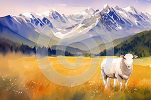 Picturesque portrait of alpine sheep grazing against the backdrop of the mountains. Generative AI