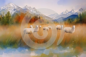 Picturesque portrait of alpine sheep grazing against the backdrop of the mountains. Generative AI