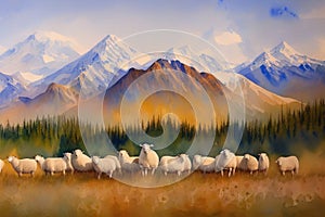 Picturesque portrait of alpine sheep grazing against the backdrop of the mountains. Generative AI