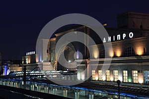 The picturesque railway station in city Dnipro at night, Ukraine.