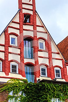 Picturesque red and white house in the old town of Lueneburg, Germany