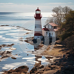 Picturesque red and white lighthouse gracing Merzhanovo, Rostov on Don, Russia