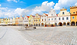 Picturesque renaissance houses on Zacharias of Hradec Square in Telc, Czech Republic, UNESCO World Heritage Site