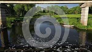 Picturesque River Pedestrian Bridge Surrounded Green Meadow and Trees Like in Fairytale Park