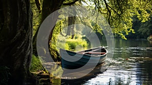 A picturesque river with a vintage rowboat a romantic and rustic scene