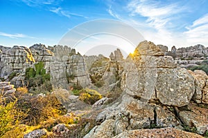 Picturesque rocks on sunset in El Torcal natural park